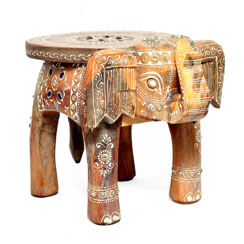 Home Decorative Wooden Elephant Handcrafted White Stool