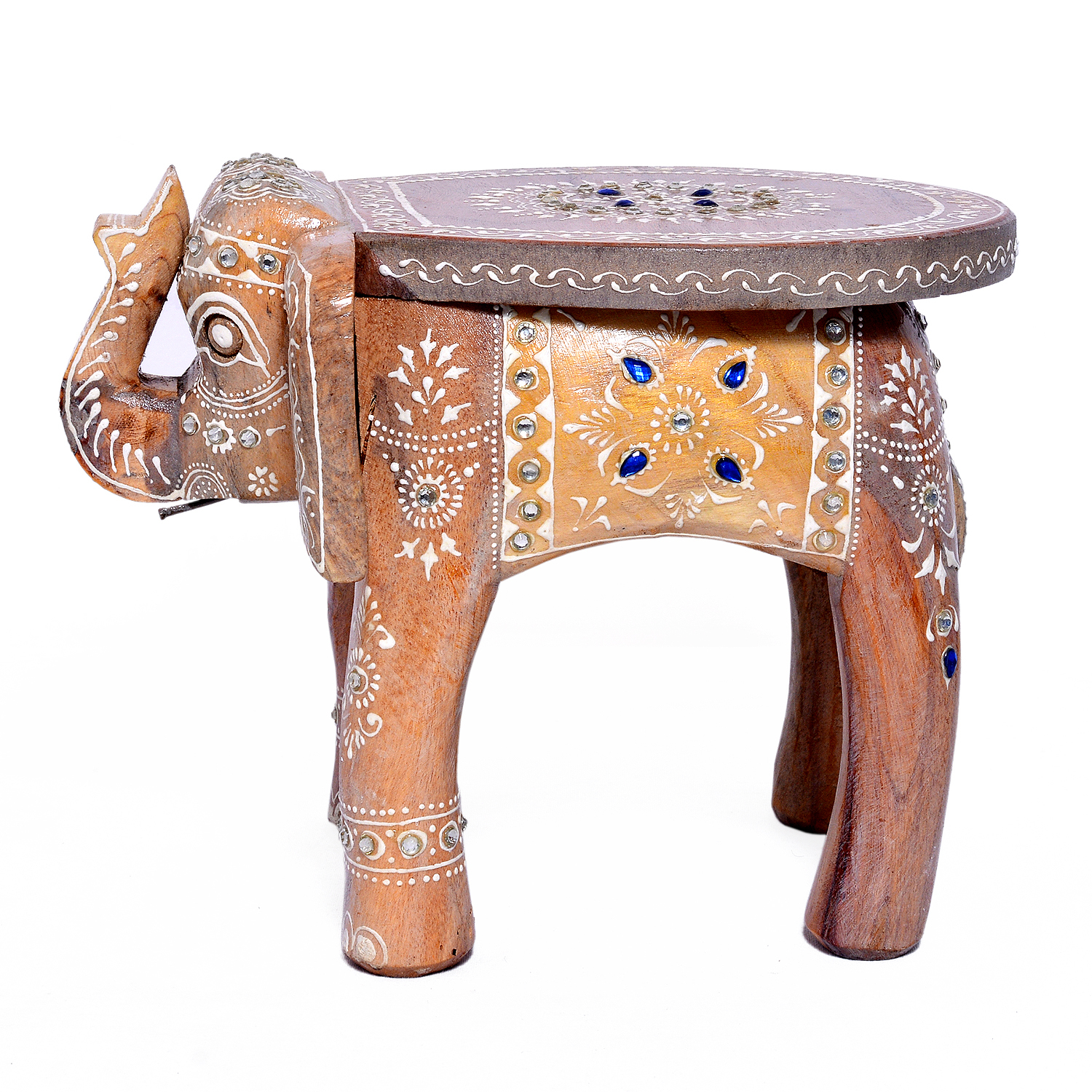 Home Decorative Wooden Elephant Handcrafted White Stool
