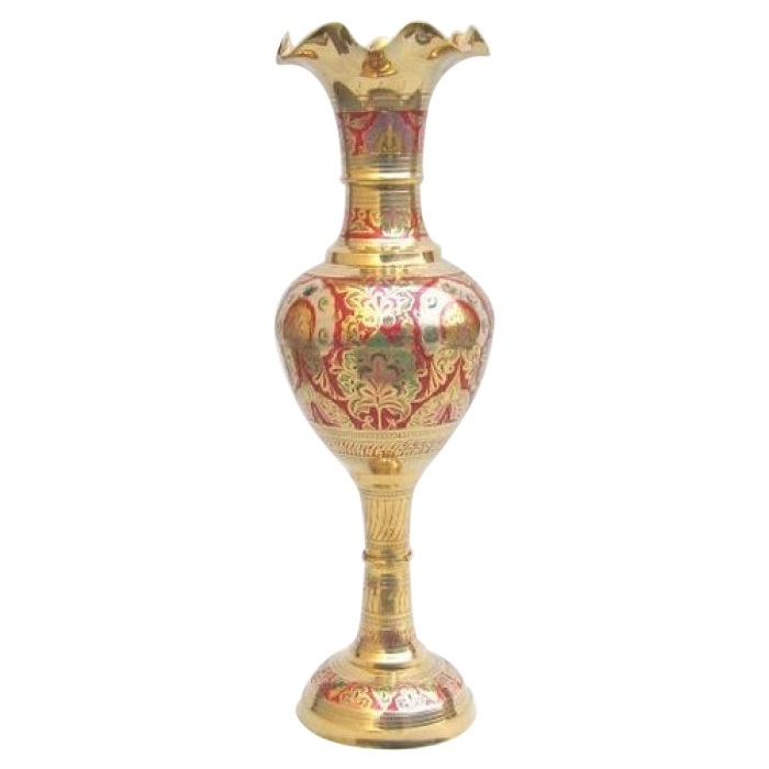 Brass Vase Gold and Red Printed Floral Design
