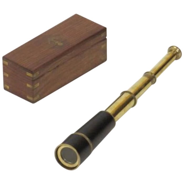 Pullout Retractable Pirate Telescope Brass - Solid Brass, 7.63in Length, Gold & Black Leather Wrapped | Handcrafted, Hardwood Box, Nautical Anchor Accent