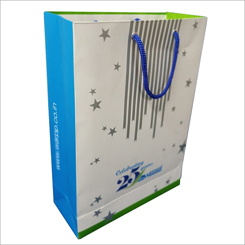 Shopping Paper Bag - Kraft Paper, All Sizes Available, White & Blue Color, Handled Design | Customizable Designs, Logo, Patterns, Max Load 5kg, Tear & Wear Proof, Reusable, Easy to Carry