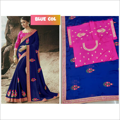 Blue And Pink Ladies Embroidered Saree
