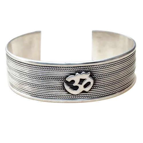 OM Bangle - 92.5% Sterling Silver, Adjustable Length, 41.60 Gms | Polished Design, Pearl Stone, Modern Style for Women and Children, Ideal for Weddings and Gifts