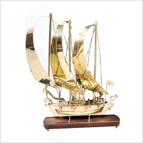 Golden Brass Ship With Wooden Base