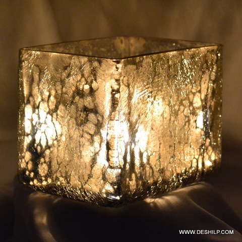 Square shape Glass Candle Holder Silver polished