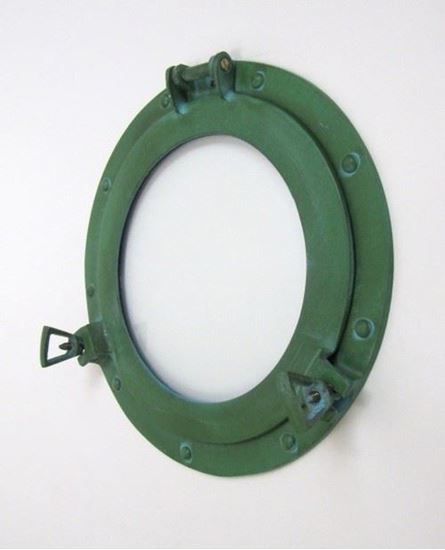 Porthole Window Aluminum Green 11 Inch - Aluminum, Glass, Round, Green Finish, Hand Finished Nautical Wall Decor