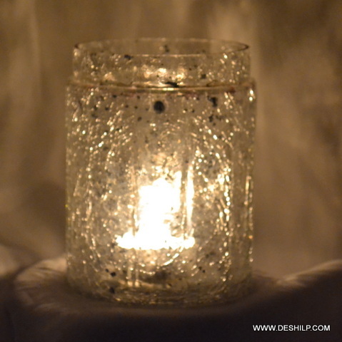 Clear Crackle Glass Candle Holder Round Shape
