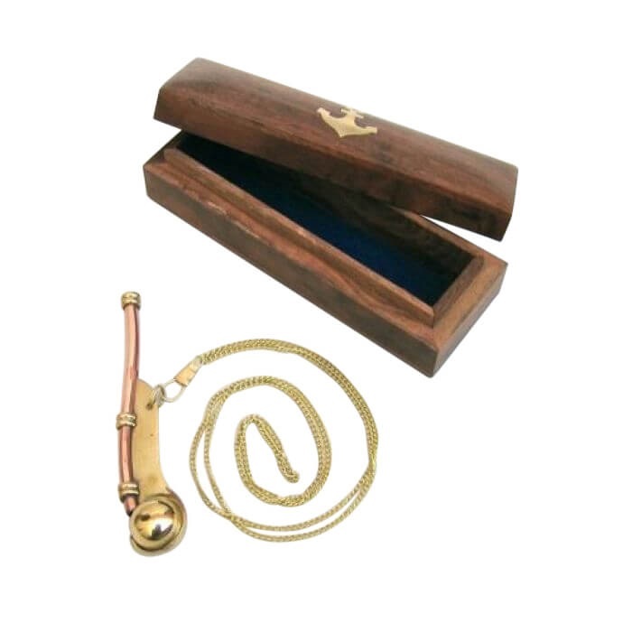Brass Copper Whistle Wooden Box