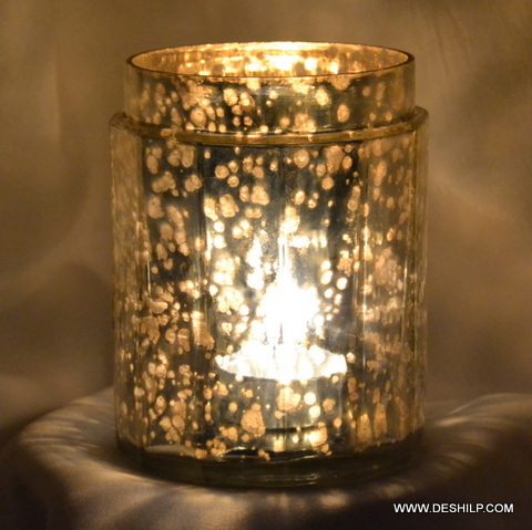 Silver Polished Glass Candle Holder Round Shape
