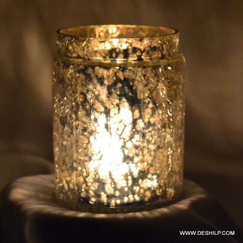 Crackle Glass Candle Holder With Silver Polished Finish Round Shape