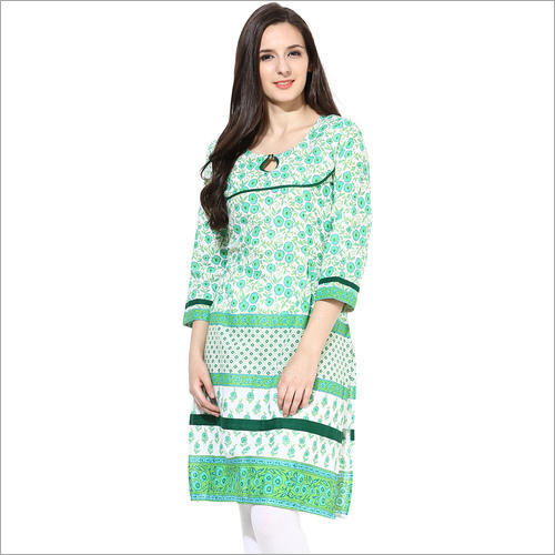 Ladies Printed Kurti - Cotton Fabric, Sizes M, S, XL, Color Green | Breathable, Non-Toxic, Quick Dry, Washable, Casual Style