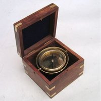 Gimbal Box Compass - Hardwood And Brass, Small Round, Brown | Nautical, Classical Style, Fully Gimbaled