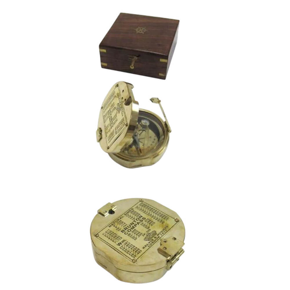 Brunton Compass with box Brass - Brass, 5.38x2x5.5 in, Gold | Handmade, Round, Nautical Outdoor Compass with Wooden Display Box