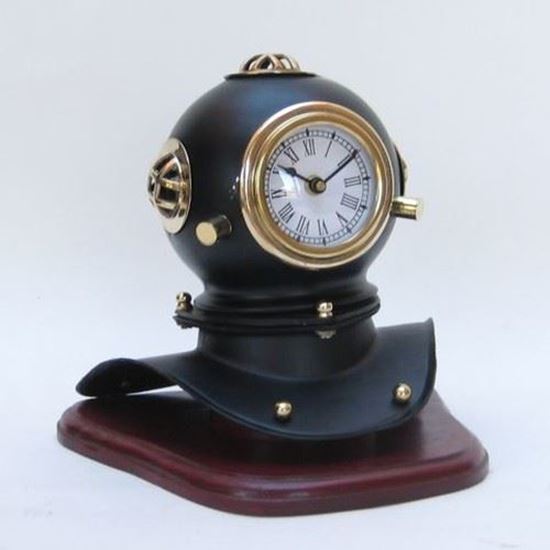 Iron Black Divers Helmet Clock With Wooden Base
