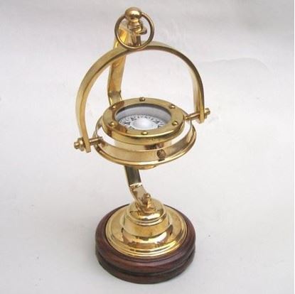 Solid Brass Gimbal Compass Wooden Base