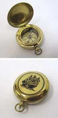 Solid Brass Dalvey Compass Ship Design - Small Round Golden Brass, Nautical Theme, Push Button Lid, Chain Loop