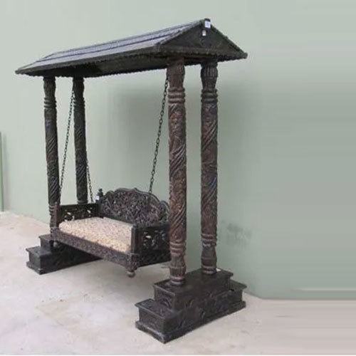 Jhoola 4 Pillars With Canopy Mango Wood, Dark Brown - Brass Chains, Carved Floral Design, Indoor Relaxation Swing