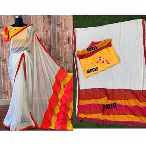 Designer Frill Chanderi Saree With Embroidery Work