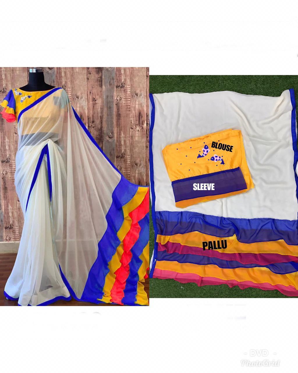 Designer Frill Chanderi Saree With Embroidery Work