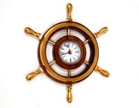 Wooden Ship Wheel Clock - 12 Inch Round, Solid Brass Handles And Trims, Golden And Brown Decorative Style