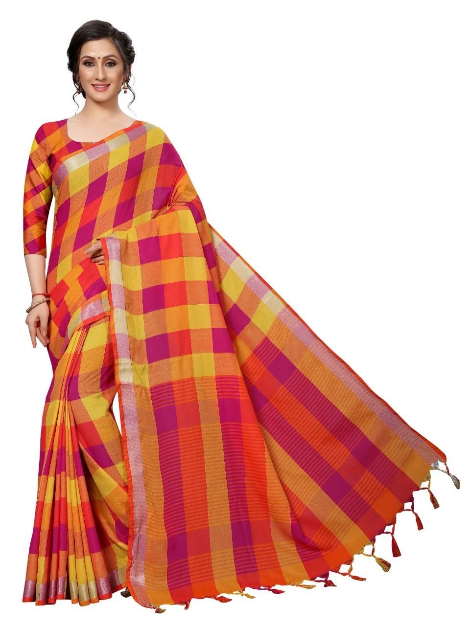 Linen Checks Cotton Silk Saree With Jhalar (Tessals)