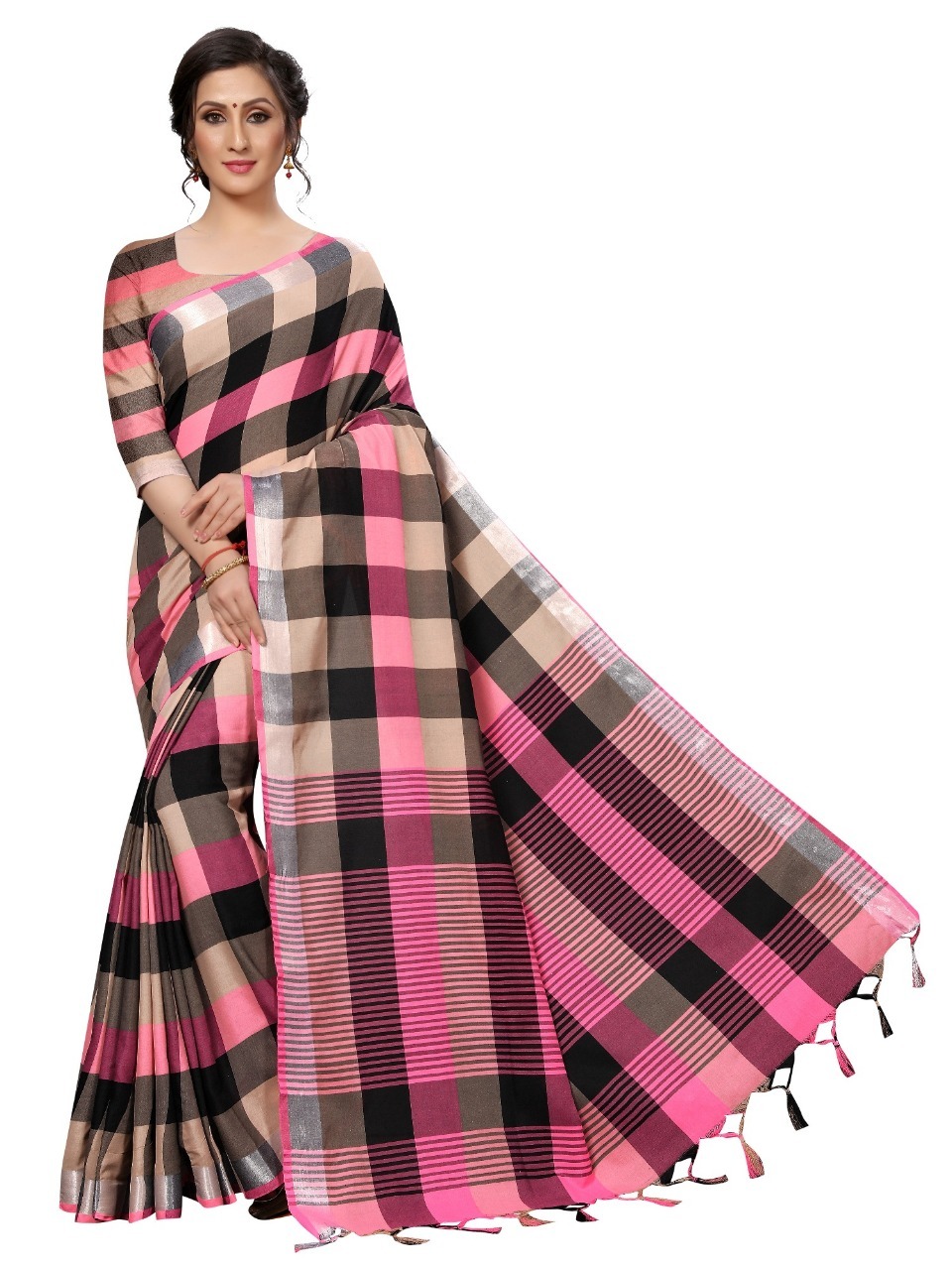 Linen Checks Cotton Silk Saree With Jhalar (Tessals)