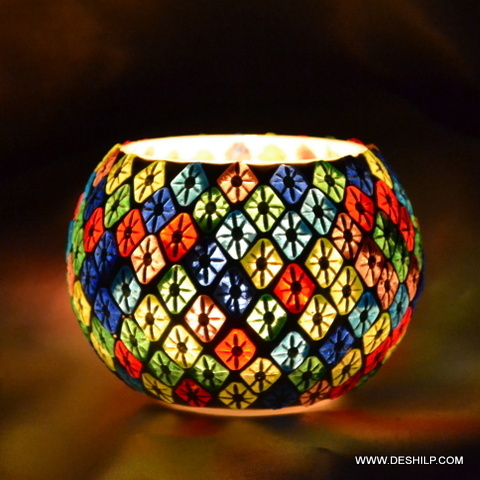 Round shaped  Multi Mosaic Glass Candle Holder