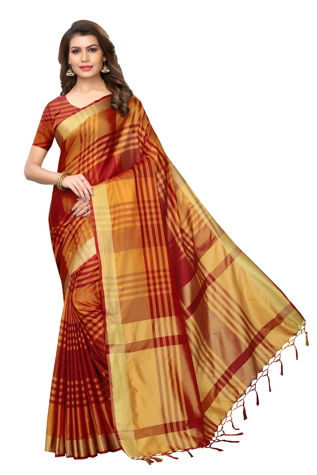 Block Printed Cotton Silk Saree With Jhalar (Tassel)