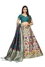 Indian Silk Banarsi Lehenga Choli Bottle Green Color