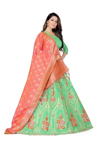 Banarasi Silk Lehenga Choli - Unstitched Set with 42+ Inch Lehenga, 1 Meter Blouse, 2.5 Meter Dupatta | Washable, Zari and Stone Weaving, Free Size