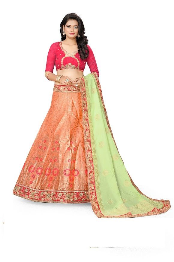 Pure Satin Silk Wedding Wear Lehenga In Multicolor Color With Embroidery  Work & HandWork - Lehenga