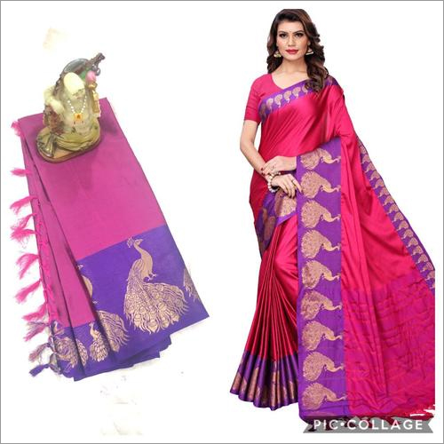 Peacock Big Border Cotton Silk Saree With Jhalar (Tassel)