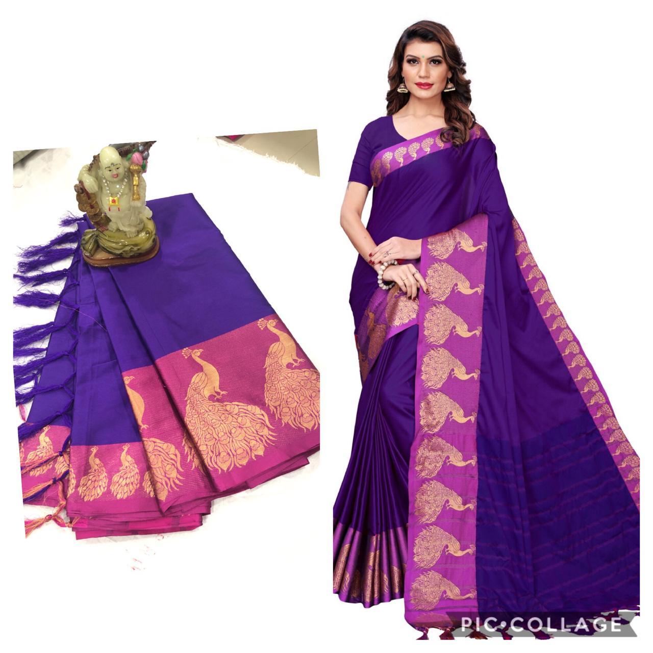Peacock Big Border Cotton Silk Saree With Jhalar (Tassel)