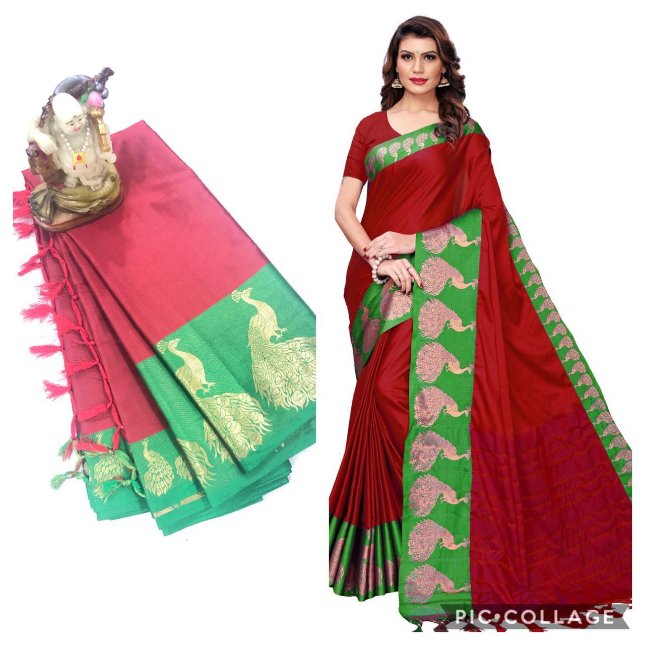 Peacock Big Border Cotton Silk Saree With Jhalar (Tassel)