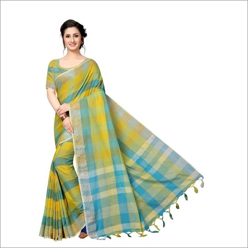 New Linen Checks Cotton Silk Saree With Jhalar (Tessel)