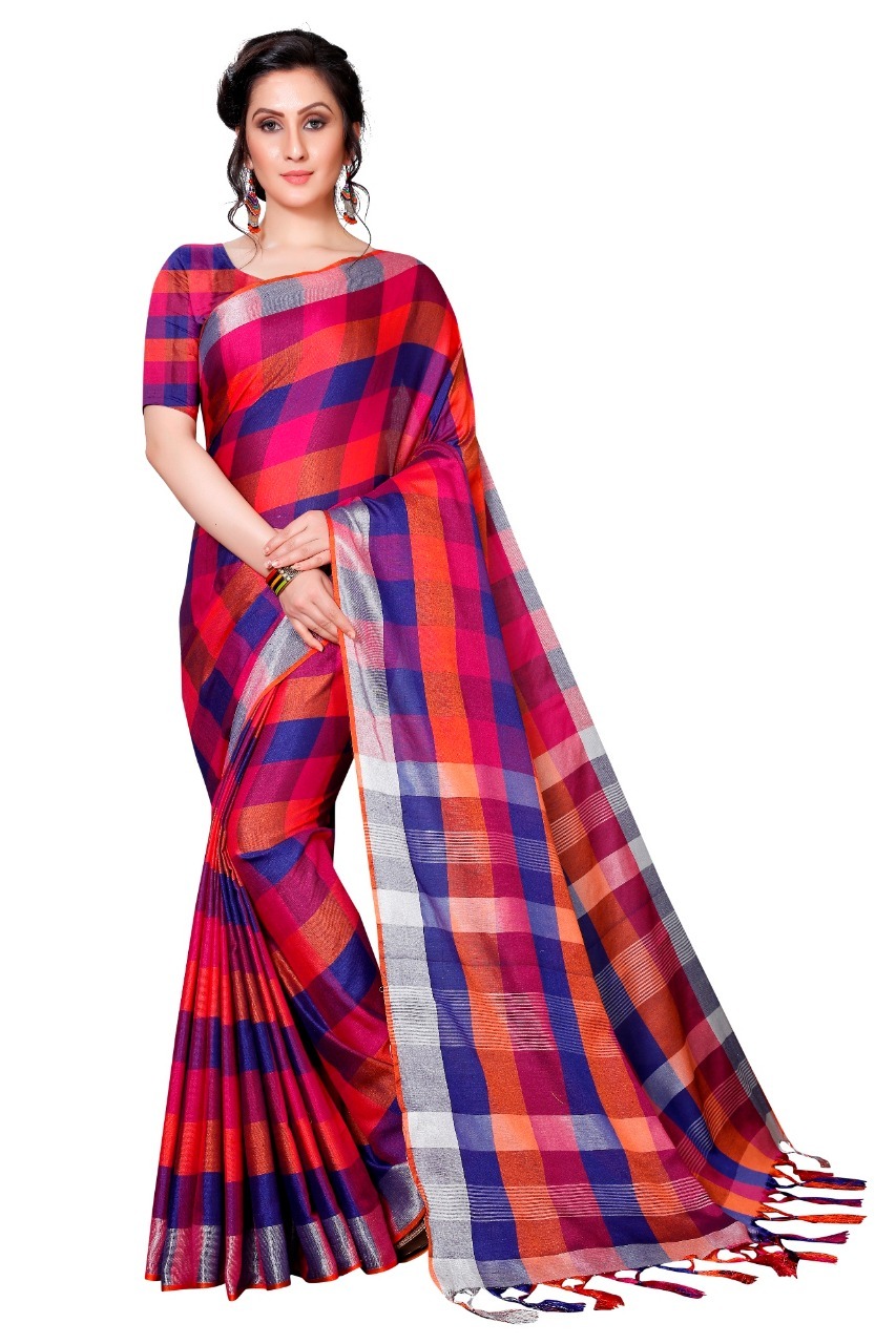 New Linen Checks Cotton Silk Saree With Jhalar (Tessel)