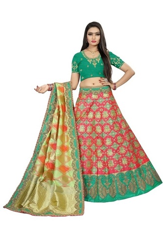 Designer Bridal Lehenga Choli - Banarasi Silk, Length 42+ Inches, Waist 42+ Inches, Flair 2.75 Meter | Embroidered, Zariwork, Stone Work, Chainwork, Handwork, Semi-Stitched, Available in 4 Colors