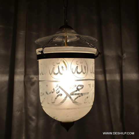 Rooftop With Religion Symbols Printed Frosted Glass Wall Hanging Lamp - Color: White