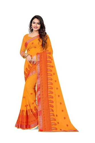 Embroidery Work Fancy Saree - Blooming Fabric, 6.30 Meters Length, Red with Black Contrast, Gold Zari Border - Embroidered Mini Flower Patches, Available in 4 Colors
