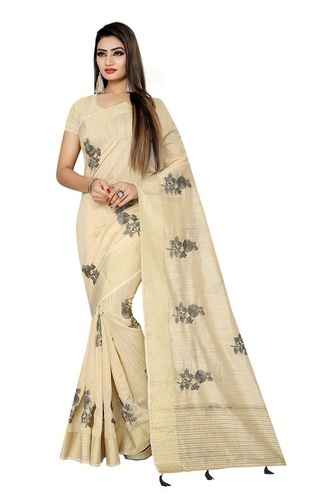 Light Cream Linen Party Wear Saree - 6.30 Meters with Zari Embroidery Border | Summer Collection, 5 Color Set, Elegant Design