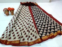 Cotton Block Printed Mulmul Gold Zari Bordar Saree