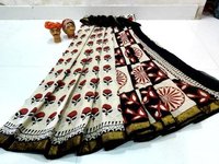 Hand Block Printed Mulmul Saree Gold Zari Bordar