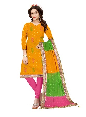 Ladies Top Bottom Set - Pure Cotton Fabric, 2.50 Meter Length, Green and Pink Colors, Heavy Hand Stitched Chiffon Dupatta with Embossed Work, Traditional Design with Mirror and Moti Accessories