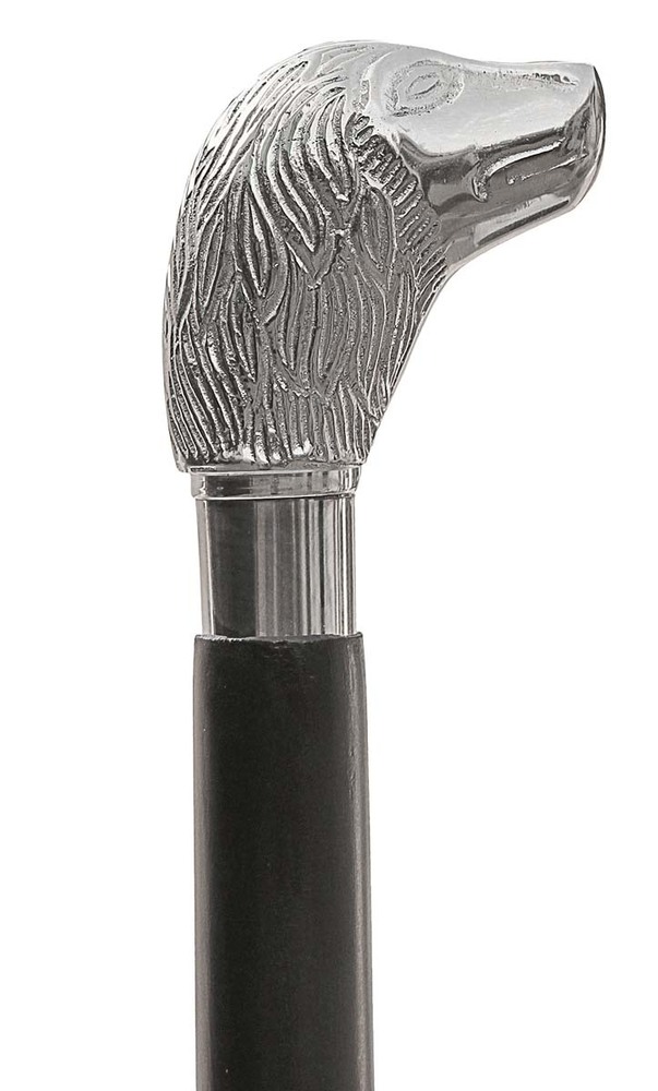 Black Wooden Walking Stick Cane - 38.1 Inch Silver & Brown Wood, Spaniel Head Shaped Handle, Brass Silver Tone Nickel Finish