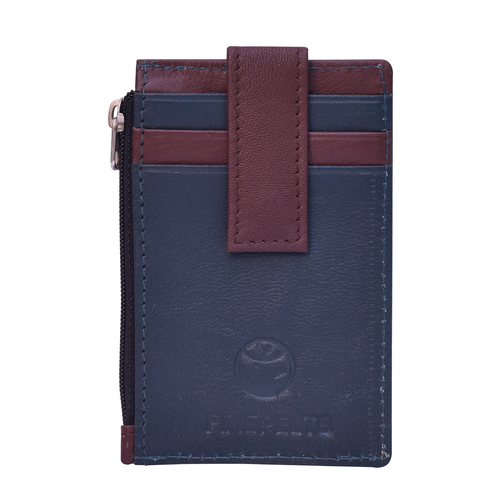 Loop Card Holder - Leather Material, Non-Foldable Design, Blue and Brown Colors | 5 Card Slots, Zipper Pocket for Coins, Secure Latch Button