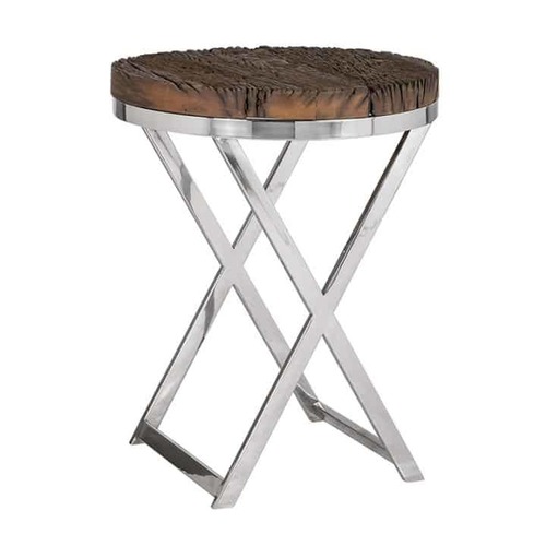 Metallic Shiny End Table - Wrought Iron with Old (Sleeper) Wood Top | Round Shape, Handmade Artwork, 45x45x56 cm, Antique Appearance, European Style, Indoor Furniture, 6 Month Warranty