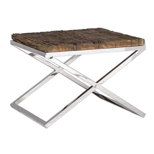 Metallic Shiny Coffee Table - Wrought Iron and Old Wood Top, 60 x 60 x 45 cm, Antique European Design, Handmade Artwork, Indoor Living Room Furniture, 6-Month Warranty