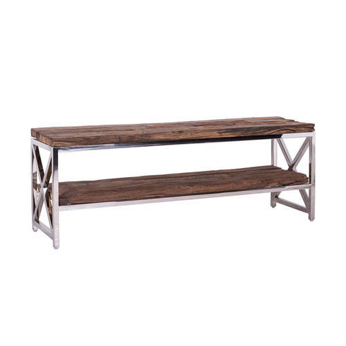 Handmade Metallic Shiny Bench With Old (Sleeper) Wood Shelves
