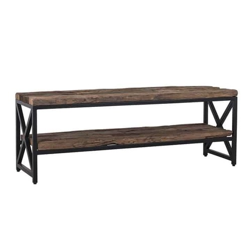 Handmade Iron Black Finished Bench With Old(Sleeper) Wood Top And Shelf