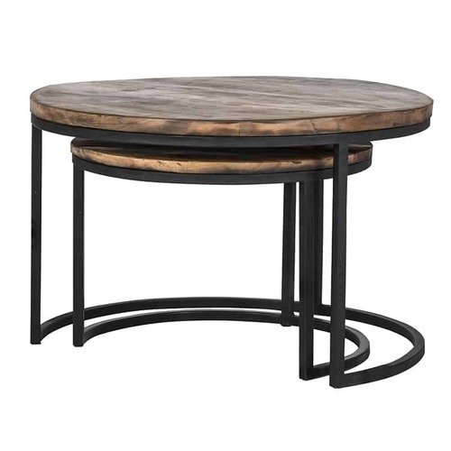 Handmade Iron Black Finished Round Set Of 2 Coffee Table With Old (Sleeper) Wood